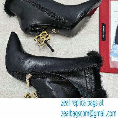 Dolce  &  Gabbana Mink Fur Thin Heel 10.5cm Leather Ankle Boots Black with Baroque DG Heel 2021